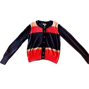 Cardigan Navy Coral Stripe Button Front Knit Women's L Nautical Fall Classic
